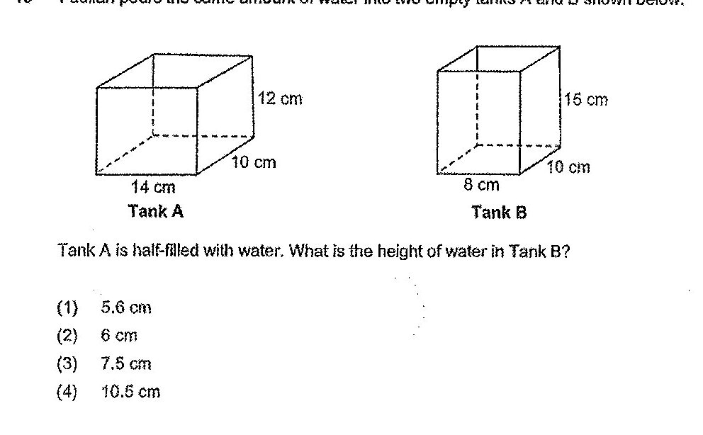 Two rectangular tanks are shown. Tank A has dimensions 14 cm × 10 cm × 12 cm (length × width × height). Tank B has dimensions 8 cm × 10 cm × 15 cm (length × width × height). Both tanks are shown as 3D rectangular prisms with dashed lines indicating hidden edges.