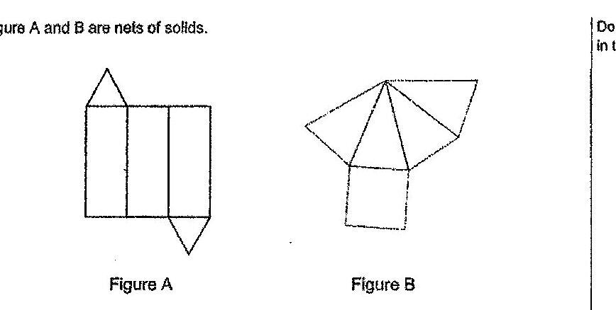 Figure A shows a net with a triangular top and bottom connected to three rectangular sections in the middle, arranged vertically. Figure B shows a net with a square base at the bottom connected to four triangular faces meeting at a point above, arranged in a pyramid-like pattern.