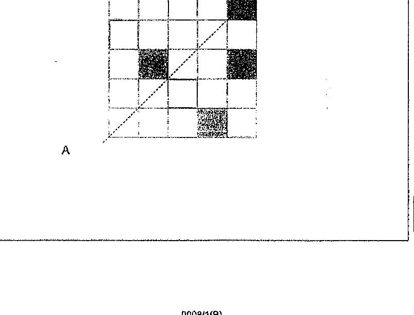 A grid of squares (4 columns × 4 rows) with a diagonal line AB drawn from bottom-left to top-right. There are 4 pre-shaded squares already marked in the grid. The student is asked to shade 3 more squares to create a figure that is symmetric with respect to the AB diagonal line.