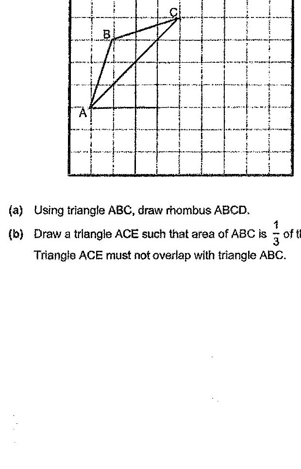 A square grid is shown with triangle ABC drawn on it. Point A is at the bottom left, point B is above and to the right of A, and point C is further above and to the right of B. The vertices appear to be positioned at grid intersections.
