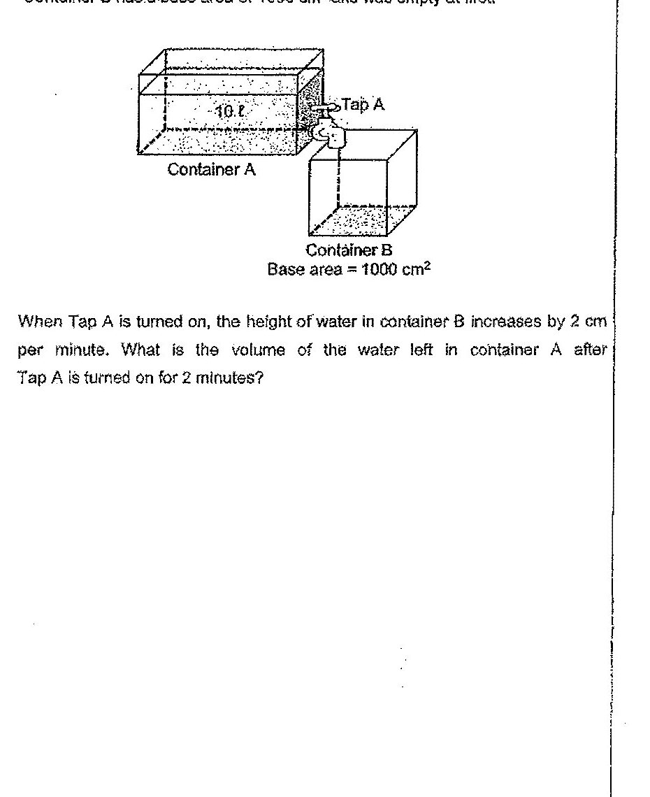 Two containers are shown: Container A is a rectangular prism containing 10 l of water with a tap (Tap A) at the bottom right that can dispense water into Container B. Container B is a rectangular prism with a base area of 1000 cm² positioned below and to the right of Container A, initially empty. Water flows from Container A through Tap A into Container B.