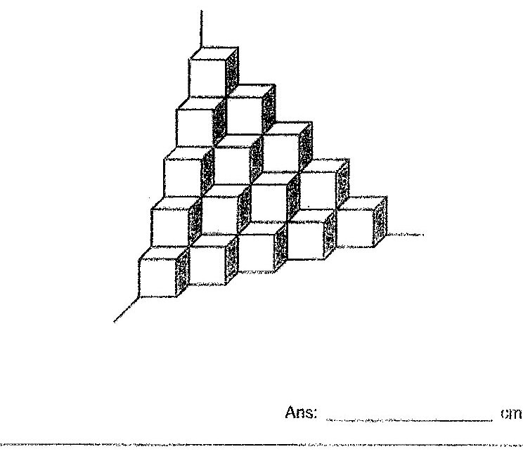 A 3D isometric drawing of a stepped/pyramidal solid made up of unit cubes. The structure appears to be a pyramid-like shape with a base layer containing multiple cubes arranged in rows, and successive layers above with fewer cubes, creating a staircase or stepped pyramid effect. The shaded faces of the cubes are visible to show the 3D perspective.