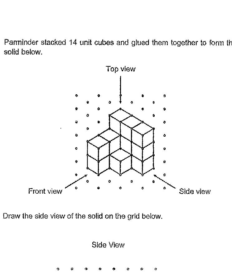A 3D isometric drawing showing 14 unit cubes arranged in a stepped formation. The solid is shown with a top view, front view, and side view indicated. The structure appears to be 4 cubes wide at the base, with varying heights creating a stepped pattern. Below this is an empty grid labeled 'Side View' with 8 columns and 6 rows of dots for students to draw their answer.