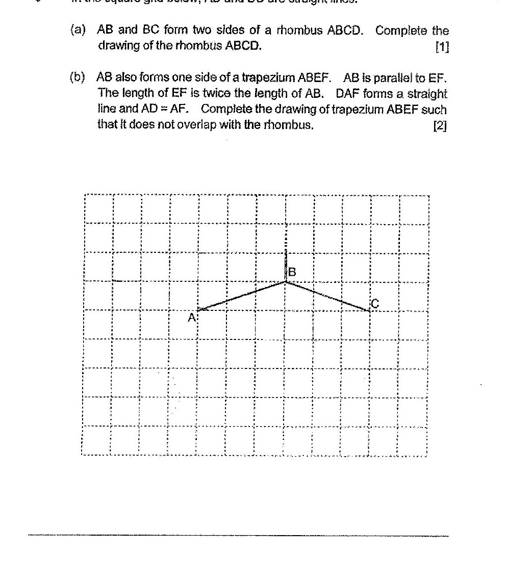 A square grid with points A, B, and C marked. A is located at approximately (3, 5), B is at approximately (5, 7), and C is at approximately (7, 5). Lines AB and BC are drawn connecting these points, forming two sides of the rhombus.