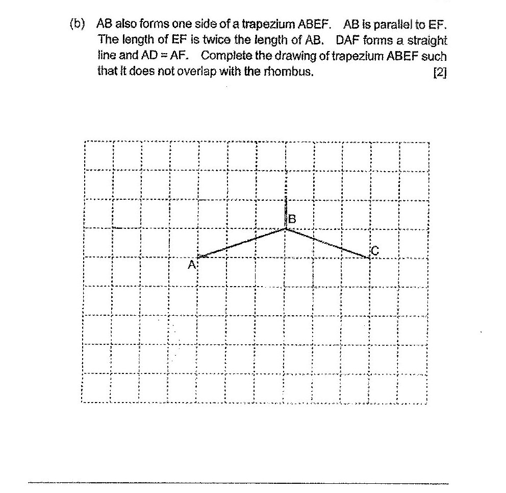 A square grid with the rhombus ABCD from part (a) already drawn. Points A, B, C are marked as before. The question requires drawing trapezium ABEF where EF is parallel to AB and twice its length, and DAF forms a straight line with AD = AF.