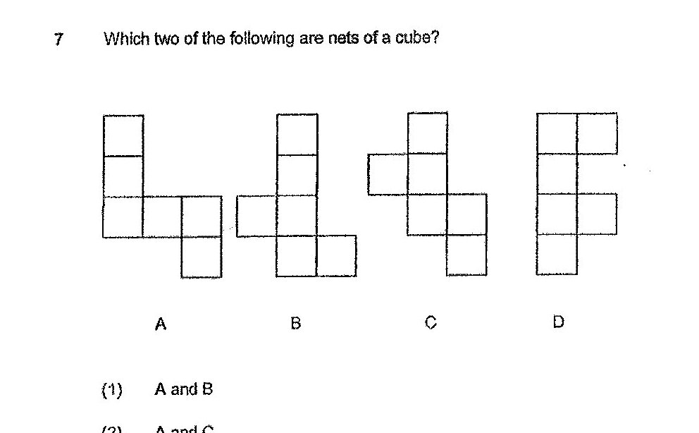 Four different net diagrams labeled A, B, C, and D. Each diagram shows an unfolded pattern of 6 connected squares arranged in different configurations. Net A shows squares arranged in a T-like pattern with one vertical column of 2 squares at top, connected to a row of 3 squares, with an additional square below. Net B shows a similar arrangement with squares in different positions. Net C shows another arrangement of 6 squares. Net D shows yet another configuration of 6 connected squares. Each net is shown with dotted lines indicating fold lines.