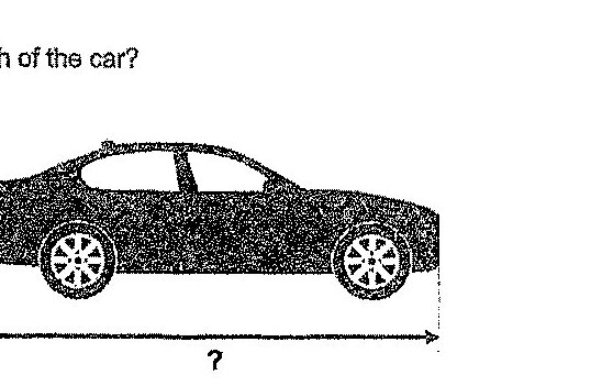 A side view diagram of a car with wheels shown. A double-headed arrow below the car indicates the length measurement to be determined.