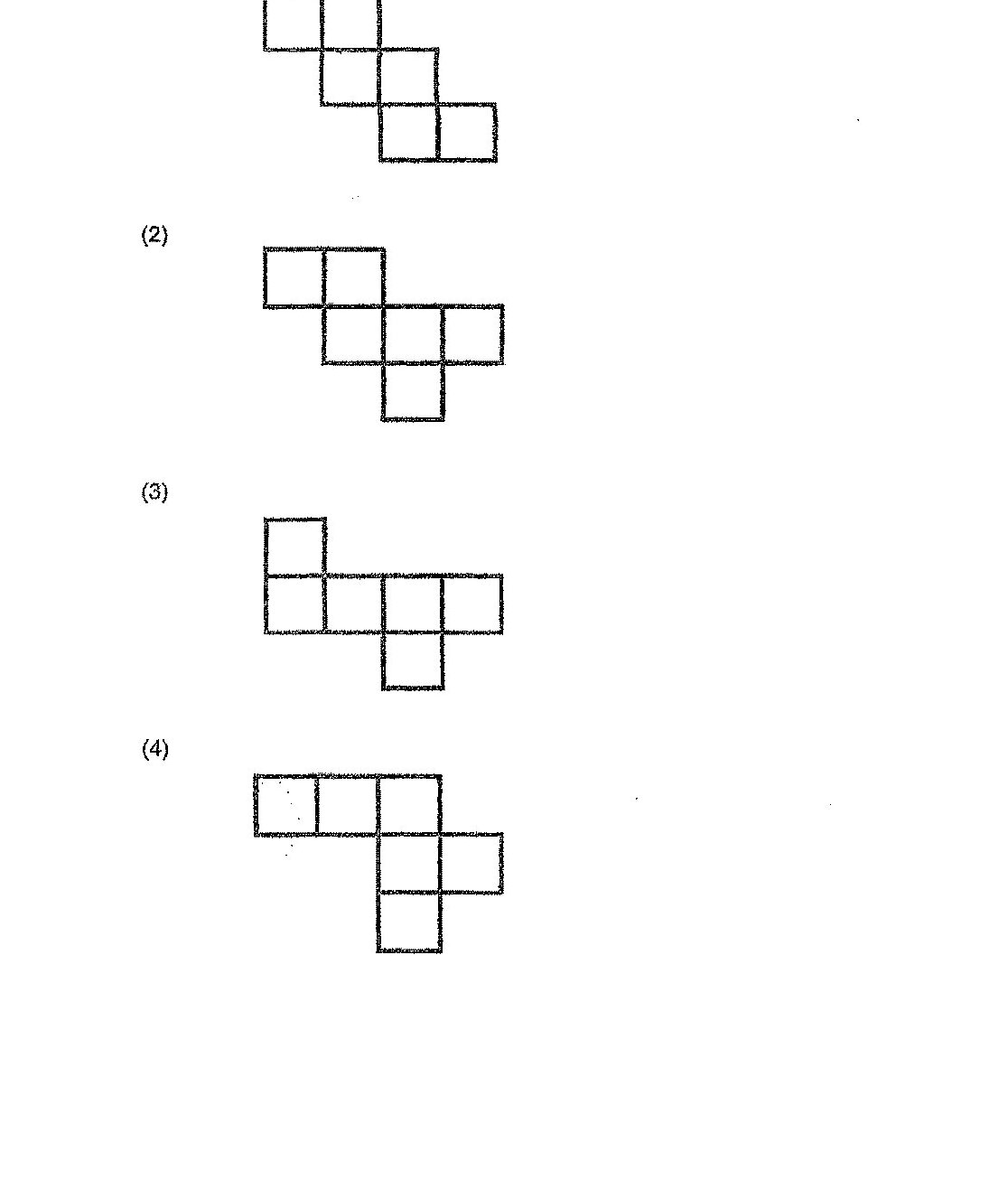 Four different net diagrams labeled (1) through (4), each showing unfolded cube patterns made of squares arranged in different configurations. (1) shows a diagonal stair-step pattern of 6 squares. (2) shows a cross-like pattern with a vertical extension. (3) shows an L-shaped arrangement with squares. (4) shows a pattern with 3 squares in a row on top and additional squares below in an offset arrangement.