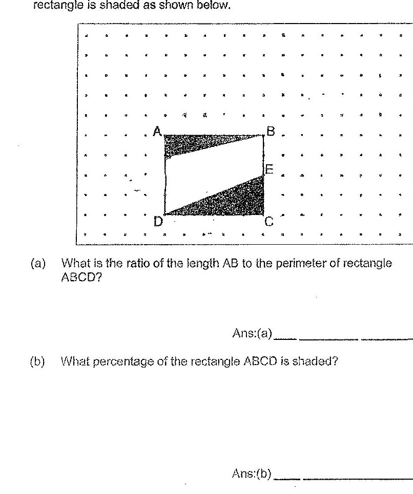 A rectangle ABCD is drawn on a square grid inside a box. The rectangle has vertices labeled A (top-left), B (top-right), C (bottom-right), and D (bottom-left). Two triangular regions are shaded: one in the top-left corner (triangle with vertices at A and extending to points on AB and AD) and one in the bottom-right corner (triangle with vertices at C and extending to points on BC and CD). The grid shows dots representing unit squares.