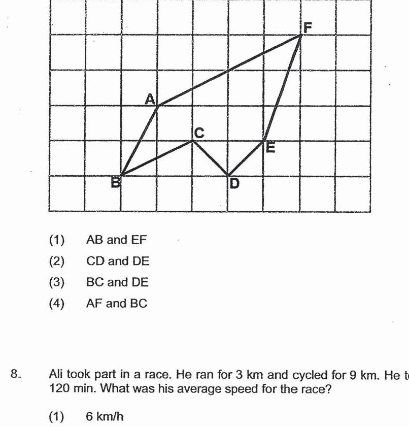 A grid with multiple labeled line segments. Point B is on the left, point A is above and to the right of B, point C is above A, point D is to the right of C, point E is to the right and below D, and point F is above E. Lines connect these points: BA, AC, CD, DE, and EF are drawn on the grid.