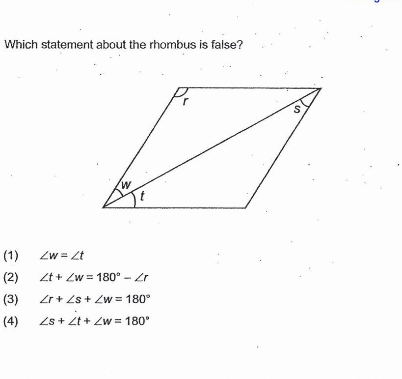 A rhombus with vertices labeled r (top right), s (top right area), w (bottom left), and t (bottom left area). A diagonal is drawn from bottom left to top right, dividing the rhombus into two triangles.