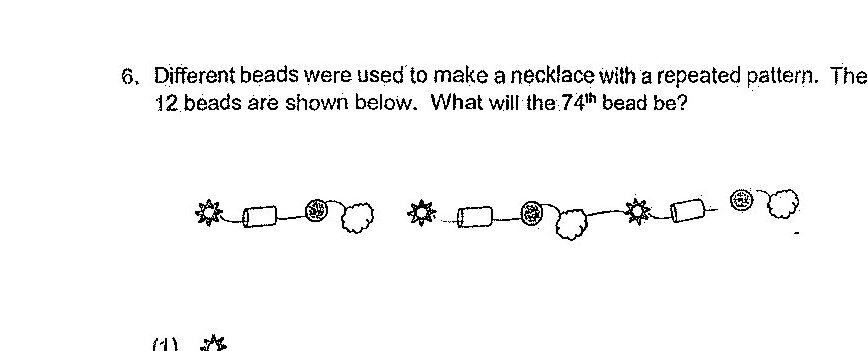 A necklace pattern showing 12 beads in a repeating sequence: ❋ ☐ ⊗ ◯ ❋ ☐ ⊗ ◯ ❋ ☐ ⊗ ◯. The pattern consists of four different types of beads (star, square, patterned circle, and plain circle) that repeat.