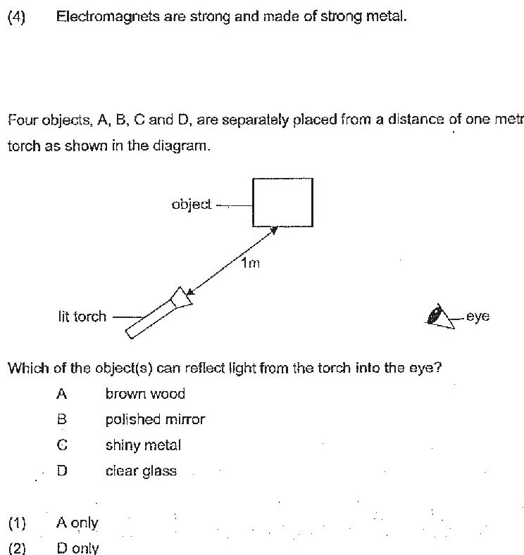A diagram showing a lit torch at the bottom left, positioned 1 metre away from an object (shown as a rectangular box) at the top. An eye is shown on the right side. The objects are identified as: A - brown wood, B - polished mirror, C - shiny metal, D - clear glass.