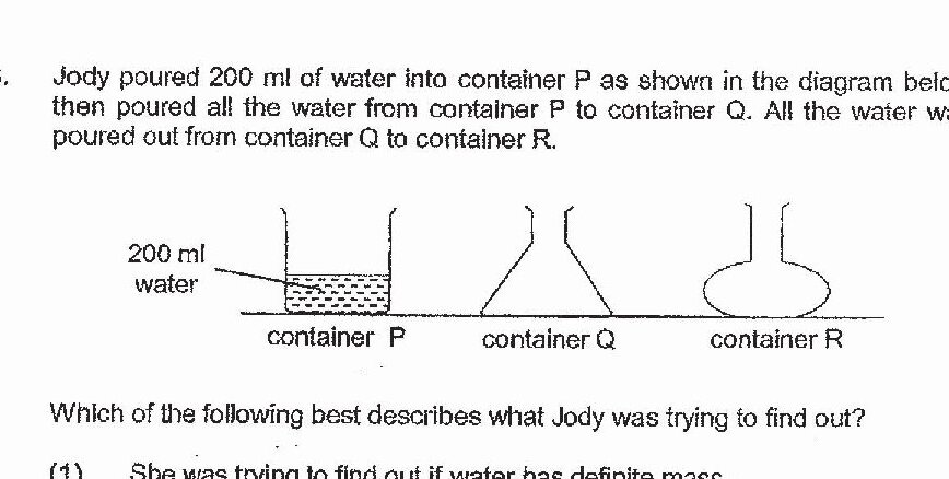 A diagram showing three containers: container P (a rectangular/box-shaped container with 200 ml water shown with diagonal hatching), container Q (a conical/funnel-shaped container), and container R (a rounded/spherical container). The containers are connected by arrows showing the flow of water from P to Q to R.