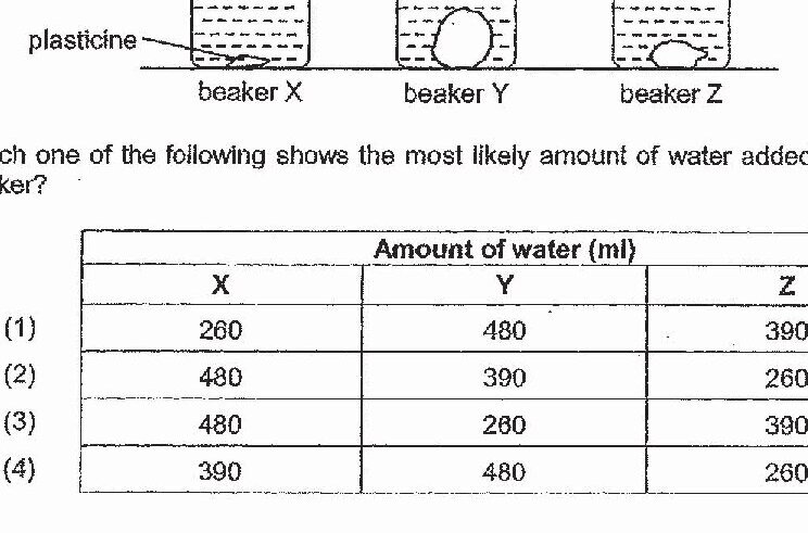Three identical beakers labeled X, Y, and Z, each filled with water to the brim and containing pieces of plasticine of different sizes. Beaker X contains no visible plasticine (or very small piece). Beaker Y contains a large spherical piece of plasticine. Beaker Z contains multiple smaller pieces of plasticine.