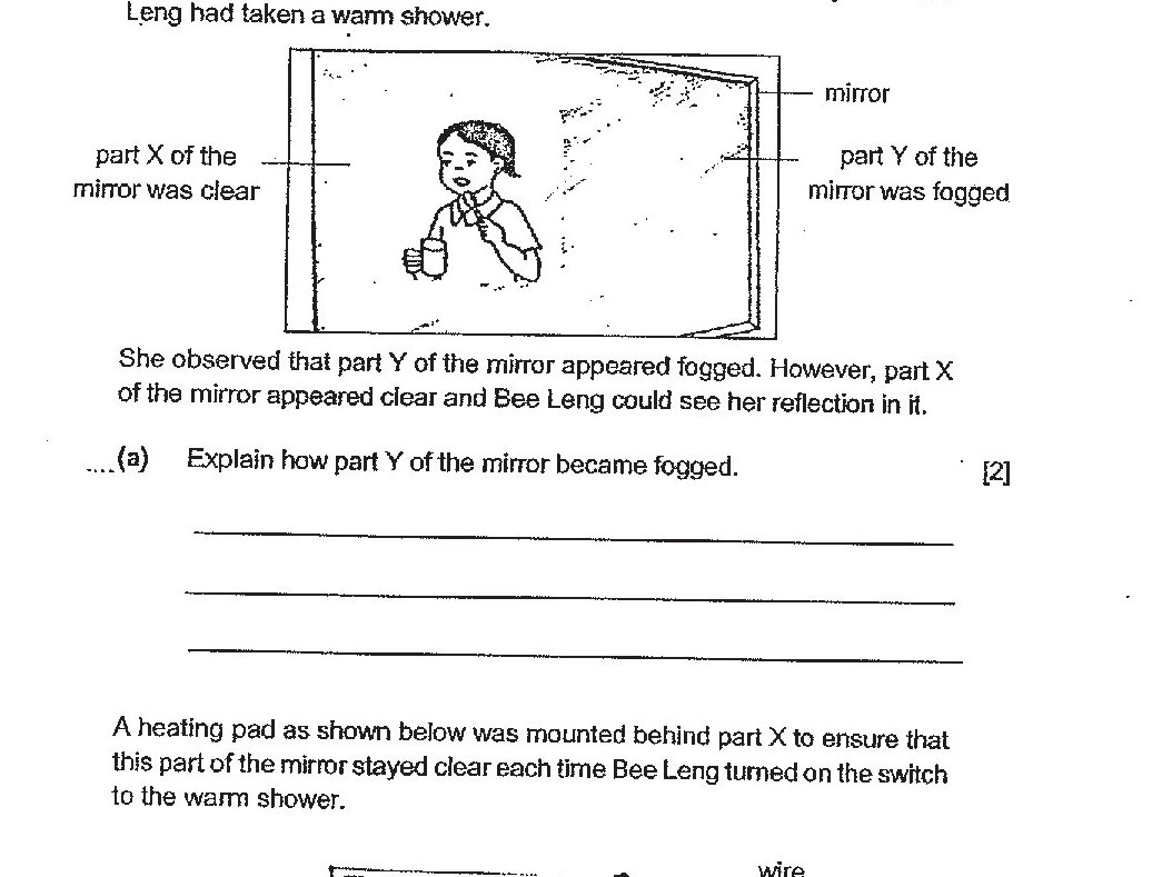 A bathroom mirror diagram showing Bee Leng standing in front of it after a warm shower. Part X of the mirror (on the left) is labeled as clear, and part Y of the mirror (on the right) is labeled as fogged. The mirror shows Bee Leng's reflection and moisture/condensation on part Y.