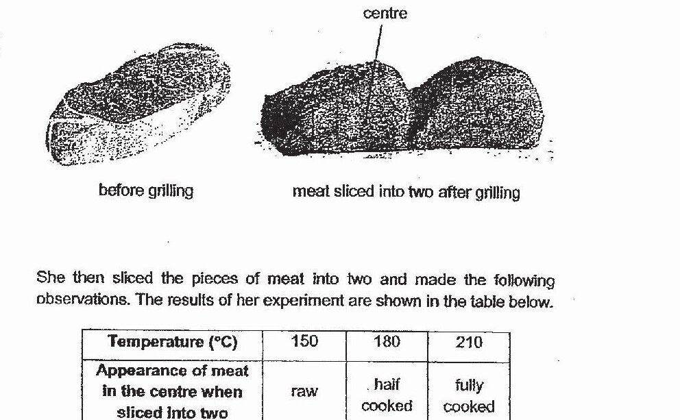 Two diagrams showing meat samples: (1) 'before grilling' - a single raw piece of meat shown from side view; (2) 'meat sliced into two after grilling' - the same piece of meat cut in half horizontally, showing the internal cooked and raw sections with a label pointing to the 'centre'. A data table is shown with Temperature (°C) in columns 150, 180, 210 and rows showing 'Appearance of meat in the centre when sliced into two' with values 'raw', 'half cooked', and 'fully cooked' respectively.