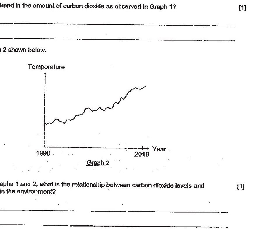 Graph 2 shows a line graph with 'Temperature' on the y-axis and 'Year' on the x-axis, spanning from 1998 to 2018. The line shows a general upward trend with fluctuations, starting around 1998 and increasing progressively to 2018, showing a similar pattern to Graph 1.