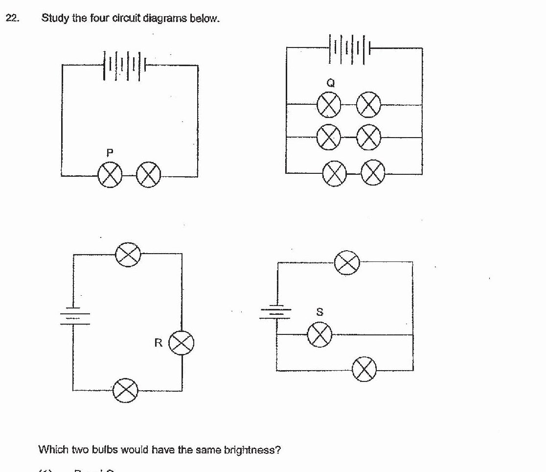 Four circuit diagrams are shown:

Top left: A simple series circuit with a capacitor and two bulbs labeled P in series.

Top right: A circuit with a capacitor and six bulbs labeled Q arranged in three parallel rows of two bulbs each.

Bottom left: A circuit with a battery, three bulbs arranged with one bulb at the top, bulb R on the right side, and one bulb at the bottom, forming a network configuration.

Bottom right: A circuit with a battery S and three bulbs arranged in a parallel and series mixed configuration - one bulb at top, bulb S in the middle branch, and one bulb at the bottom.