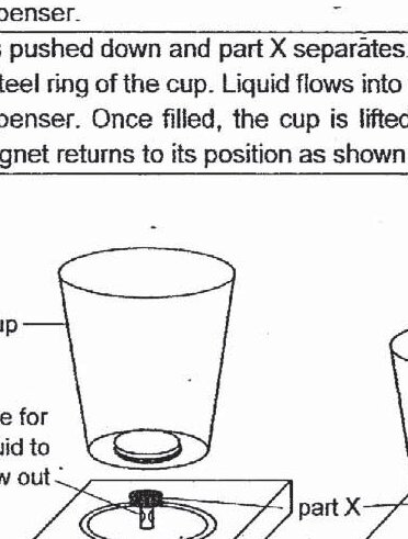 Diagram 2 shows a plastic cup with a hole surrounded by a steel ring on a dispenser. A button magnet is positioned above the hole, held by magnetic force from the steel ring below.