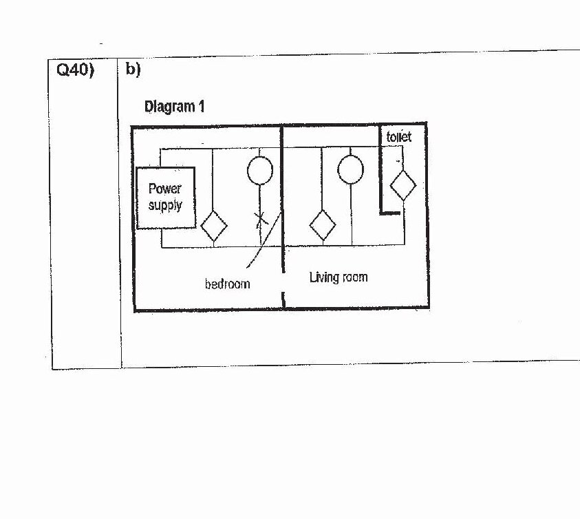Diagram 1 shows a floor plan of a house with three rooms: bedroom, living room, and toilet. The diagram displays electrical wiring symbols including: a power supply box in the bedroom, light bulbs (circles) in the bedroom and living room, light switches (diamond symbols) in multiple locations, and what appears to be outlet or switch points (diamond symbols) distributed throughout the rooms. Various lines indicate the electrical wiring connections between these components.