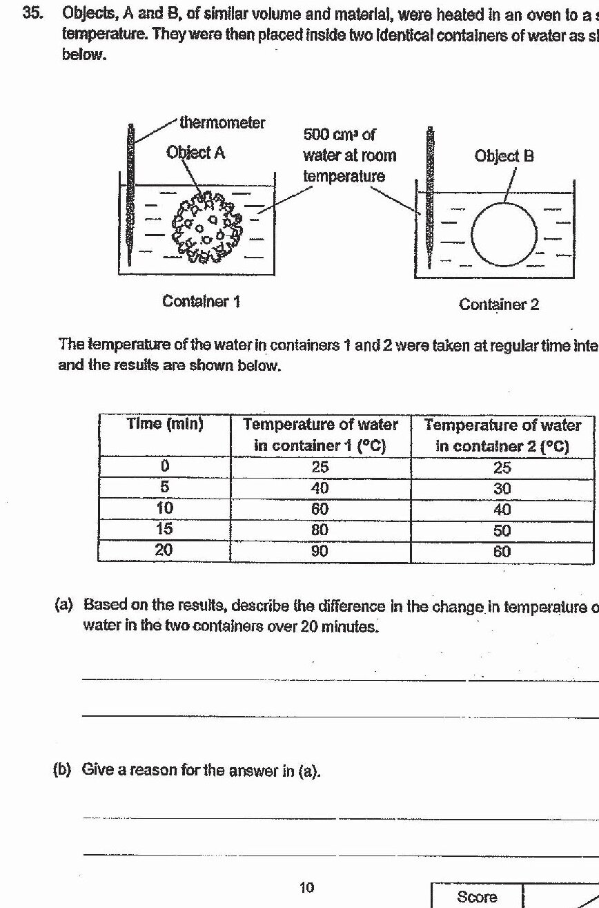 Two containers side by side: Container 1 has Object A (depicted as a bumpy/irregular sphere) submerged in 500 cm³ of water at room temperature with a thermometer. Container 2 has Object B (depicted as a smooth circle) submerged in 500 cm³ of water at room temperature with a thermometer. A data table shows measurements at 0, 5, 10, 15, and 20 minutes for both containers. Container 1 temperatures: 25°C, 40°C, 60°C, 80°C, 90°C. Container 2 temperatures: 25°C, 30°C, 40°C, 50°C, 60°C.