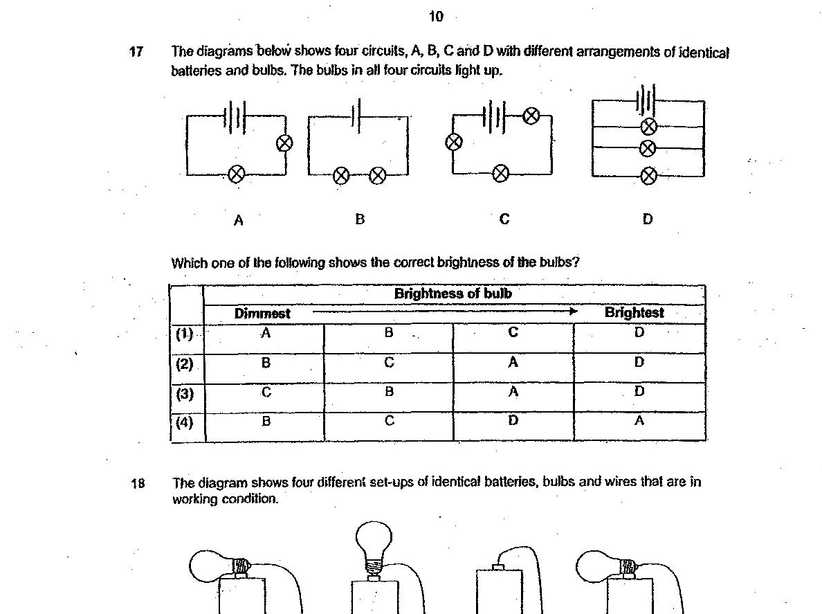 Four circuit diagrams labeled A, B, C, and D. Circuit A shows one battery and one bulb in series. Circuit B shows one battery with two bulbs in series. Circuit C shows two batteries in series with one bulb. Circuit D shows multiple batteries in series with multiple bulbs in parallel arrangement.