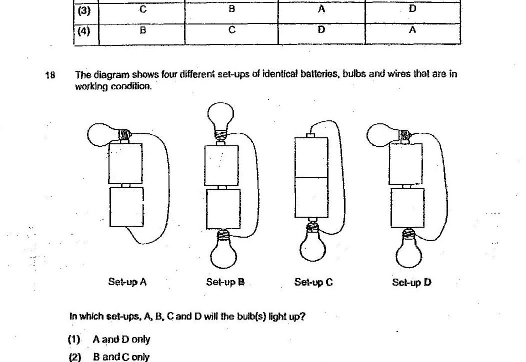 Four set-up diagrams labeled Set-up A, B, C, and D. Each shows different arrangements of batteries (represented as rectangular blocks), bulbs (represented as circles), and connecting wires. Set-up A shows two batteries connected to a bulb in a closed circuit. Set-up B shows two batteries stacked vertically with a bulb at the top. Set-up C shows two batteries arranged vertically with two bulbs. Set-up D shows two batteries connected to a bulb in a closed circuit similar to A.