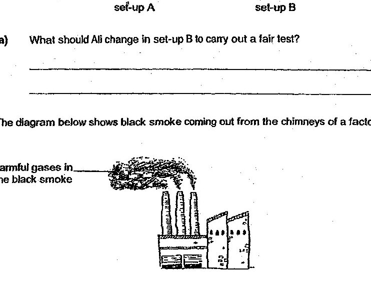 A factory with multiple chimneys emitting black smoke containing harmful gases. The smoke is shown rising from the chimneys of an industrial building.