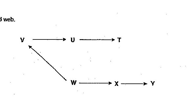 A food web diagram showing: V → U → T (top chain), and W → X → Y (bottom chain), with an arrow from V pointing down to W, indicating V feeds on W as well. U is shown as a central organism that receives energy from V and feeds T.