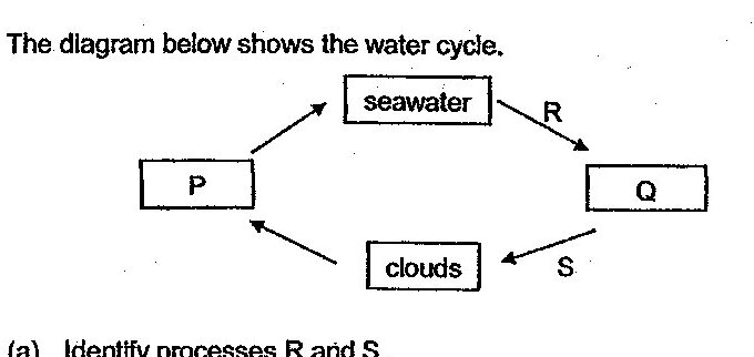 Water cycle diagram showing: seawater box with arrow labeled R pointing to Q box, arrow labeled S from clouds box pointing to Q box, and arrow from P box pointing to seawater box. P and Q are unlabeled boxes.