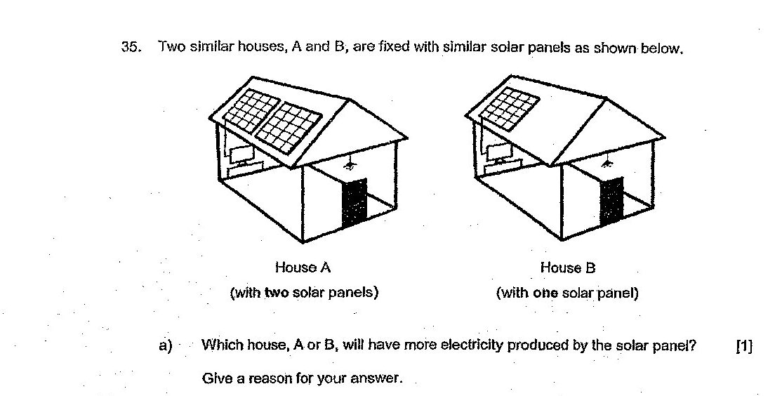 Two similar houses shown side by side. House A (left) has two solar panels on its roof. House B (right) has one solar panel on its roof. Both are similar houses with similar solar panels.
