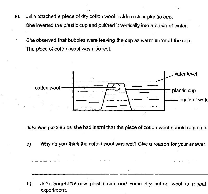Diagram shows a clear plastic cup inverted and pushed vertically into a basin of water. The cotton wool is attached inside the cup at the top. Water level is shown entering the cup from below. Labels indicate: cotton wool, plastic cup, basin of water, and water level.