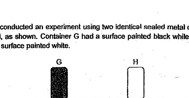Two identical sealed metal containers labeled G and H. Container G has a black painted surface (shown with dotted pattern). Container H has a white painted surface (shown with white/blank). Both containers are placed on a heating plate (shown with diagonal hatching underneath).