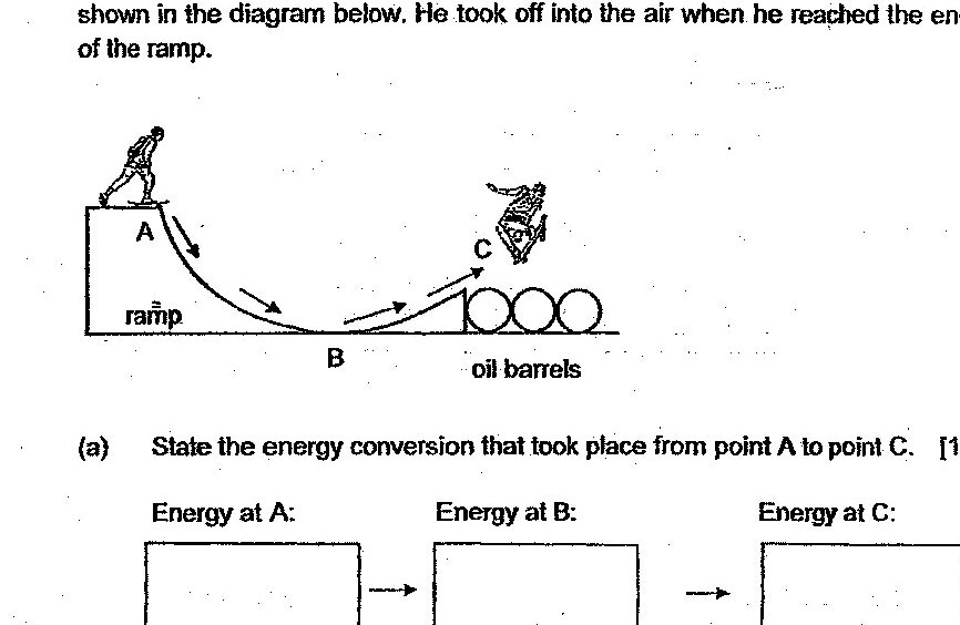 A diagram showing a stuntman on a skateboard on a curved ramp (labeled A at top), moving down to point B at the bottom of the ramp, then launching into the air at point C above three oil barrels. The diagram illustrates the path of motion from the ramp down and then upward into the air.