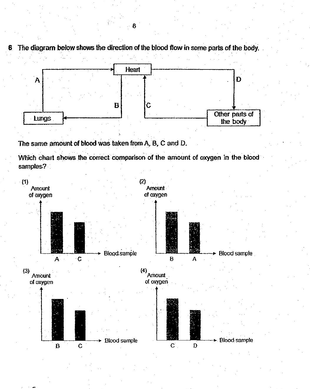 A flow diagram showing blood circulation: Blood flows from 'Other parts of the body' (labeled D) to the Heart, then splits into two paths - one path (labeled B) goes down to the Lungs and returns (labeled A) back to the Heart, and another path (labeled C) goes from the Heart back to 'Other parts of the body'. Blood samples are taken from points A, B, C, and D. Below the circulation diagram are four bar charts labeled (1) through (4), each showing oxygen amounts in blood samples. Chart (1) shows samples A and C with A having higher oxygen. Chart (2) shows samples B and A with B having higher oxygen. Chart (3) shows samples B and C with B having higher oxygen. Chart (4) shows samples C and D with C having higher oxygen.