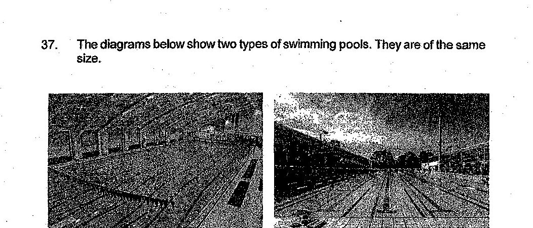 Two diagrams showing swimming pools: (1) Indoor pool with shelter and no fans - a covered rectangular pool interior; (2) Outdoor pool without shelter - an open rectangular pool with sun and sky visible