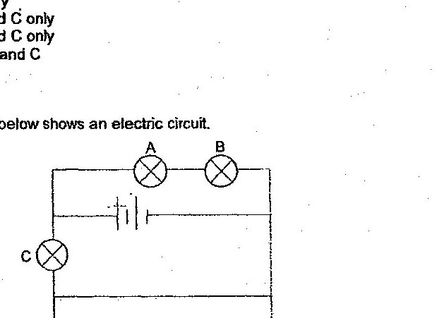 An electric circuit with four bulbs labeled A, B, C, and D. Bulbs A and B are in series on the top branch. There is a capacitor symbol between the two branches. Bulb C is on the left branch. Bulb D is on the bottom branch. The circuit shows a combination of series and parallel connections.