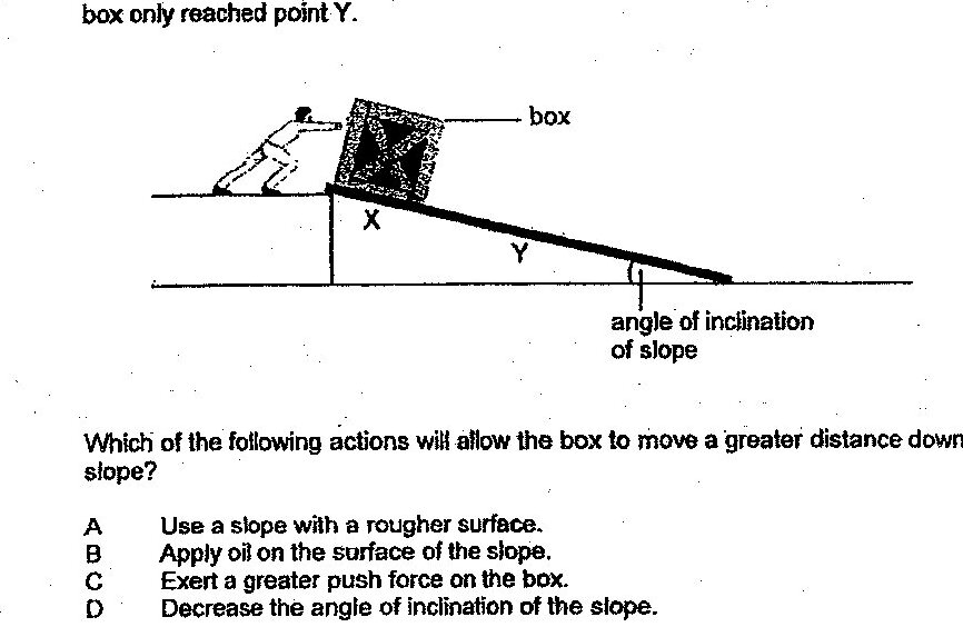 A diagram showing a slope with angle of inclination marked at the bottom right. A man is shown pushing a box at position X. The box travels from X to position Y down the slope. Labels indicate 'box', 'X', 'Y', and 'angle of inclination of slope'.