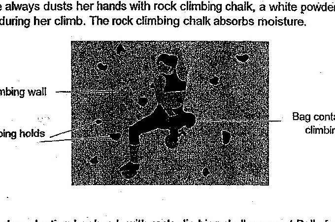 Image shows a rock climbing wall with a person (Belle) climbing. Labels indicate: Rock climbing wall, Rock climbing holds, and a Bag containing rock climbing chalk. The person is shown in black silhouette against a textured rock wall background.