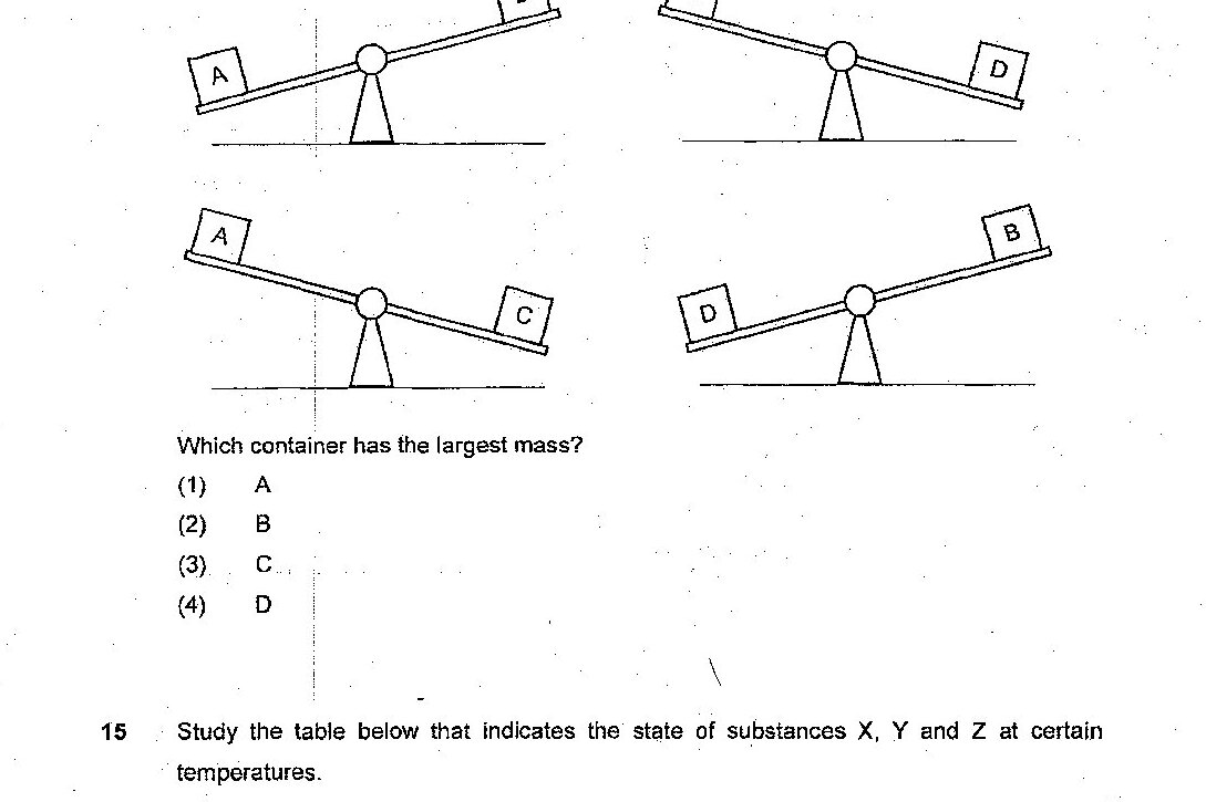 Four balance/lever diagrams showing containers on seesaws. Top left: Container A on left side, container B on right side, balanced on fulcrum. Top right: Container C on left side, container D on right side, balanced on fulcrum. Bottom left: Container A on left side, container C on right side, balanced on fulcrum. Bottom right: Container D on left side, container B on right side, balanced on fulcrum.
