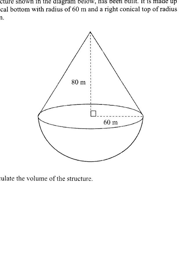 A composite 3D shape consisting of a cone on top of a hemisphere. The cone has a height of 80 m and a base radius of 60 m (marked with a dashed vertical line for height and a horizontal line for radius). The hemisphere has a radius of 60 m. The cone and hemisphere share a common circular base of radius 60 m.