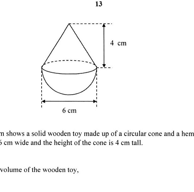 A composite solid consisting of a cone on top of a hemisphere. The width (diameter) of the entire toy is labeled as 6 cm. The height of the cone portion is labeled as 4 cm. The hemisphere sits at the base of the cone, and dashed lines indicate the internal dimensions and the circular base shared between the cone and hemisphere.