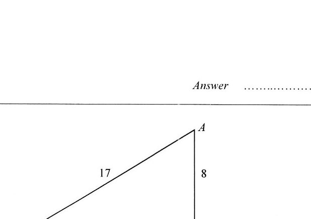 A right-angled triangle ABC with the right angle at C. Side AB (hypotenuse) is labeled 17, side BC (base) is labeled 15, and side AC (height) is labeled 8.
