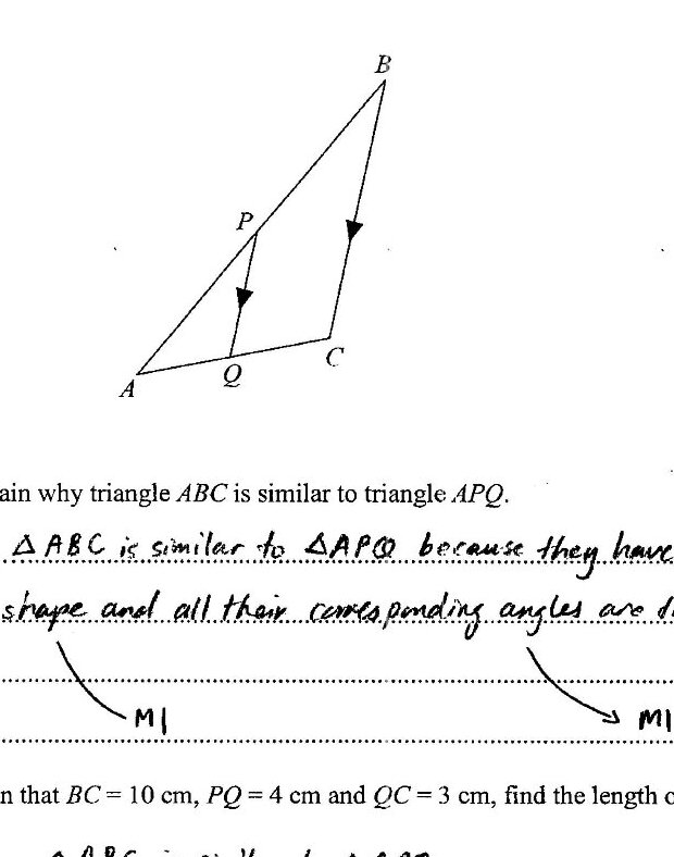 A diagram showing triangle ABC with point P on AB and point Q on AC. PQ is parallel to BC. The triangle has vertices labeled A (bottom left), B (top right), C (bottom right), with P on segment AB and Q on segment AC. Arrows indicate the direction along the sides.