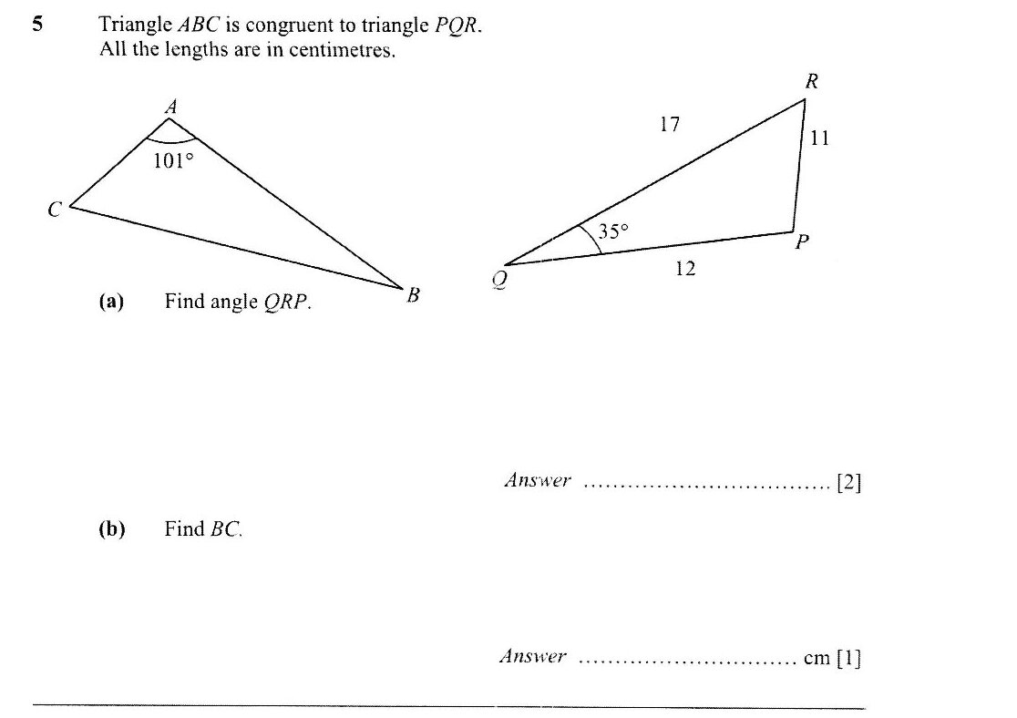 Two triangles shown: Triangle ABC on the left with angle CAB = 101°, and vertices labeled C, A, B. Triangle PQR on the right with sides labeled: QR = 17 cm, RP = 11 cm, QP = 12 cm, and angle PQR = 35°.