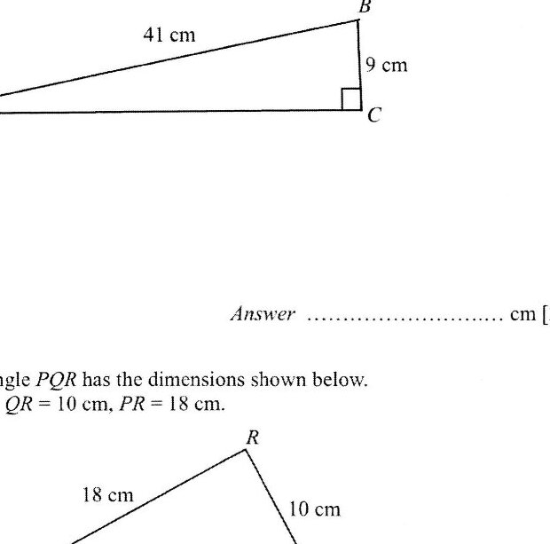 A right-angled triangle ABC with the right angle at C. Side AB (hypotenuse) is labeled 41 cm. Side BC is labeled 9 cm. Side AC is unknown and needs to be found.