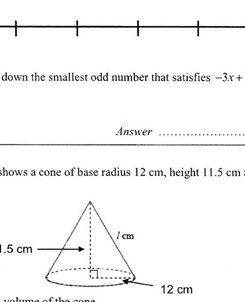 A cone with base radius 12 cm, height 11.5 cm, and slant height l cm. The diagram shows the cone with the height marked as 11.5 cm pointing vertically from the apex, the slant height l marked on the slant edge, and the base radius 12 cm marked on the base.