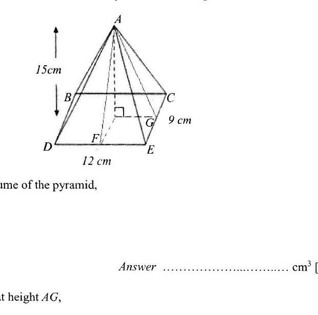 A rectangular pyramid with apex A and rectangular base BCDE. The base has dimensions 9 cm and 12 cm. The height from apex A to the base is 15 cm, shown by a vertical dashed line. Point F appears to be the center of the base. The slant heights are indicated.