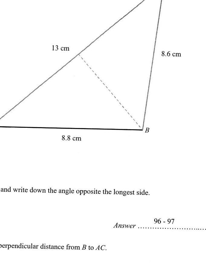 A completed triangle ABC with AB = 8.8 cm (base), BC = 8.6 cm (right side), and CA = 13 cm (left side, the longest side). The angle opposite to CA (the longest side) is angle B.